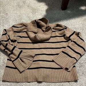 Ellen Tracy Tan and Black Striped Cowl Neck Sweater